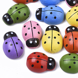 Spray Painted Maple Wood Cabochons, Printed, with Double-sided Adhesive, Ladybug, Mixed Color, 13x9x4mm, Adhesive: 6mm in diameter
