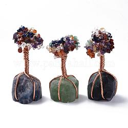 Натуральные драгоценные камни и флюоритовые пьедестал, целебное каменное дерево, для балансировки чакр исцеляющими кристаллами рейки, с алюминиевыми проводами из розового золота, счастливое дерево, 120~150x65~80x52~72 мм