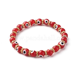 Handmade Evil Eye Lampwork Beaded Stretch Bracelets, with Flat Round Brass Rhinestone Beads, Red, Inner Diameter: 2-1/2 inch(6.3cm)