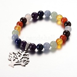 Perles de pierres précieuses étirent bracelets de breloque, avec 304 arbre en acier inoxydable pendentifs, pierre mixte, 55mm
