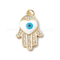 Rack Plating Brass Micro Pave Clear Cubic Zirconia Pendants, with Enamel Heart & Jump Ring, Lead Free & Cadmium Free, Long-Lasting Plated, Hamsa Hand with Evil Eye Charm, Real 18K Gold Plated, 66x25.5x3mm, Hole: 3mm