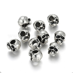Perles européennes en alliage de style tibétain, Pendentifs grand trou, sans cadmium et sans plomb, crane, argent antique, 13x10x11mm, Trou: 5mm