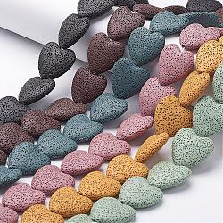 Brins de perles de pierre de lave naturelle, teinte, cœur, couleur mixte, 26~30x26~30mm, Trou: 2mm, environ 15 pcs / brin