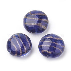 Perles vernissées de sable d'or manuelles , plat rond, bleu minuit, 19~20x20~20.5x10~11mm, Trou: 1~1.5mm
