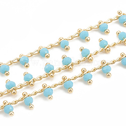 Chaînes de perles en verre manuels, soudé, avec bobine, Accessoires en laiton, facette, ronde, véritable 18k plaqué or, bleu ciel, 5.5mm