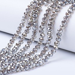 Chapelets de perles en verre électroplaqué, platinée, facette, rondelle, gris foncé, 6x5mm, Trou: 1mm, Environ 85~88 pcs/chapelet, 16.1~16.5 pouce (41~42 cm)