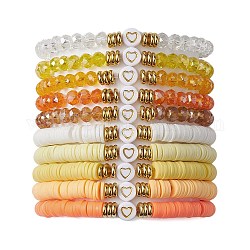 10 pièces disque en argile polymère et ensemble de bracelets extensibles en perles de verre et de laiton, bracelets empilables coeur, jaune, diamètre intérieur: 2-1/8 pouce (5.4 cm)