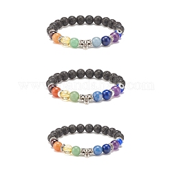 3Pcs 3 Style Natural Lava Rock & Mixed Stone & Alloy Tube Stretch Bracelets Set with Lampwork Evil Eye, 7 Chakra Jewelry for Women, Inner Diameter: 2 inch(5.2cm), 1Pc/style