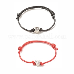 2 Uds. Juego de pulseras de cordón con cuentas de corazón de aleación de 2 colores, pulseras ajustables para mujer, rojo y negro, diámetro interior: 1-5/8~3-1/4 pulgada (4.2~8.2 cm), 1pc / color