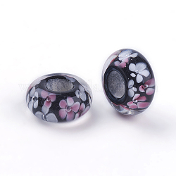 Perline murano fatto a mano, perline con foro grande, rondelle con fiore, nero, 14x6.5mm, Foro: 6 mm