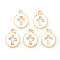 Leicht vergoldete Emaille-Anhänger, abgeflacht rund mit Kreuz, weiß, 15x12x1.5 mm, Bohrung: 1.6 mm