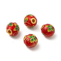 Perles en alliage, avec l'émail, or, ronde avec des fleurs, rouge, 9mm, Trou: 1.8mm