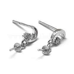 925 Sterling Silver Stud Earring Findings, with Cubic Zirconia, For Half Drilled Beads, Moon, Clear, Platinum, 14x5mm, Pin: 0.5mm