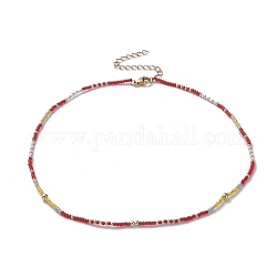 (Jewelry Parties Factory Sale)Seed Beaded Necklaces, with Golden Plated Brass Curb Chains, Brass Round Beads and 304 Stainless Steel Lobster Claw Clasps, Red, 16.14 inch~16.73 inch(41~42.5cm)