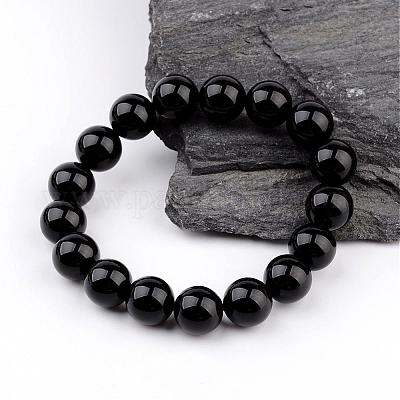 KALIFANO | Natural Black Agate Gemstone Bead Elastic Bracelet for Sale