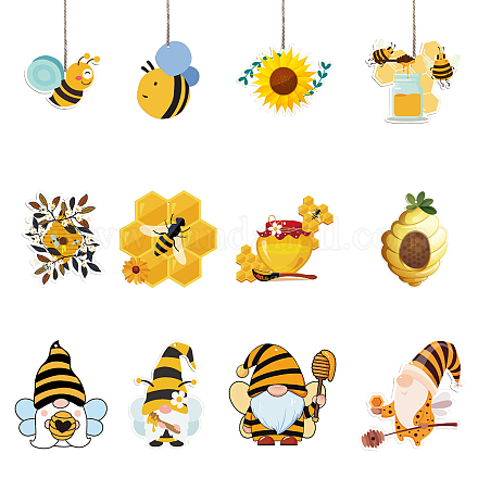 CREATCABIN 36Pcs Bee Wooden Pendant Decorations Yellow Gnome Honey Honeycomb Hanging Ornaments Tags Wooden Ornaments Craft Embellishment Tree Decor with Jute Cord Rope for Bee Themed Party Shower WOOD-WH0037-003-1