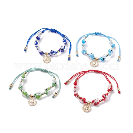 Braccialetti di perline intrecciati rotondi a 4 colori con ciondolo a forma di moneta BJEW-TA00062-1