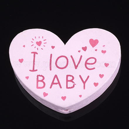 天然木のビーズ  染め  私は赤ちゃんを愛する言葉で心  バレンタインデーのために  ピンク  23x29x7mm  穴：2.5mm WOOD-T012-06H-1