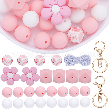SUNNYCLUE Silicone Beads Keychain Making Kit Beads Silicone Flower Beads Silicone Pink Bead Silicone Rubber Bead Flowers Plant Silicone Bead for Jewelry Making Kits Adults DIY Keychains Supplies DIY-SC0022-47-1