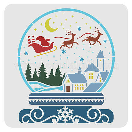 FINGERINSPIRE Christmas Themed Crystal Ball Decoration Stencil 30x30cm Santa Sleigh House Pattern Large Painting Reusable Mylar Template for Wall Wood Window Signs Christmas Home Decor DIY-WH0172-728-1