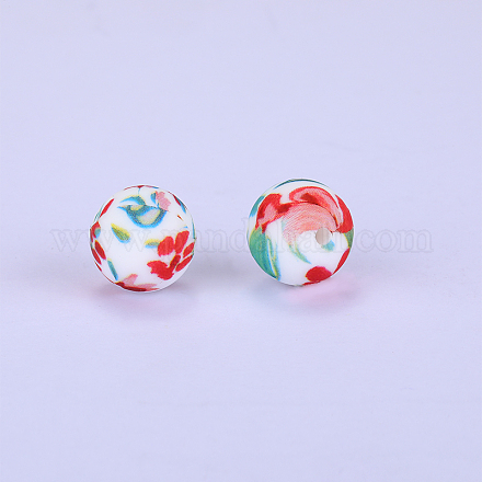 Printed Round with Flower Pattern Silicone Focal Beads SI-JX0056A-162-1