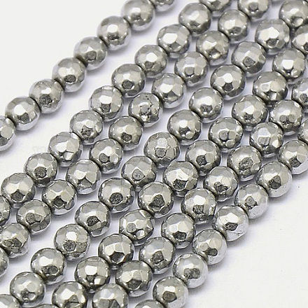 Electroplate Natural Pyrite Round Beads Strands G-L041-4mm-04-1