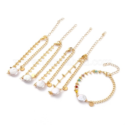 Pulseras de eslabones de perlas keshi de perlas barrocas naturales BJEW-JB05803-1