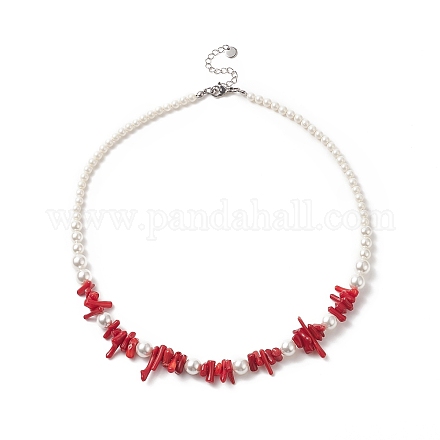 Chips de coral rojo sintético teñido y collares de cuentas graduadas de perlas de concha natural para mujeres NJEW-TA00065-1