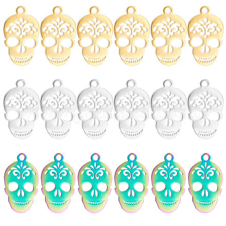 DICOSMETIC 18pcs 3 Colors 1.2mm Hole Sugar Skull Charms 201 Stainless Steel Mexico Holiday Day of the Dead Pendants Metal Skeleton Charms for Jewelry Making STAS-DC0004-71-1