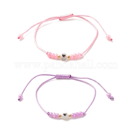 2Pcs Flat Round with Heart Acrylic Braided Bead Bracelets Set with Glass Seed BJEW-JB08034-04-1