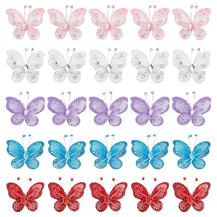 Gorgecraft 25 pz 5 colori farfalle di organza con filo e strass tessuto decorazione farfalla glitter nylon mesh farfalle bordi in pizzo per abiti da festa di nozze ornamenti artigianato fai da te DIY-GF0005-93-1