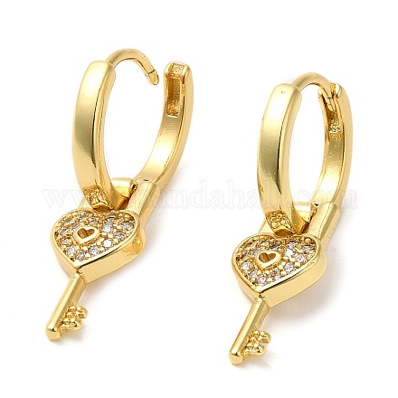 Brass with Cubic Zirconia Heart Key Dangle Hoop Earrings KK-Z033-31G-1