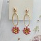 Oval with Flower Brass Dangle Stud Earrings, Golden, Light Coral, 48x16mm