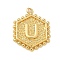 Brass Pendants, Hexagon Letter Charms, Letter U, 20x16x2.5mm, Hole: 1.5mm