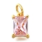 925 Sterling Silver Pave Clear Cubic Zirconia Charms, Rectangle, with Jump Ring, Golden, Pink, 9.5x6.5x4mm