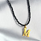 304 Stainless Steel Initial Pendant Black Glass Faceted Round Beaded Pendant Necklaces for Women, Golden, Letter M, 15.35 inch(39cm)