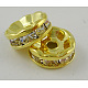 グレードラインストーンスペーサービーズ  透明  真鍮  ゴールデンの金属色  ニッケルフリー  サイズ：直径約4mm  厚さ2mm  穴：0.8mm X-RSB034NF-01G-1