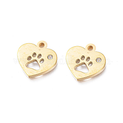 Ионное покрытие (ip) подвески из нержавеющей стали 304, ручная полировка, с кристально горный хрусталь, сердце с собачьей лапой напечатано, золотые, 12x12x1.2 мм, отверстие : 1.8 мм