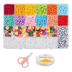 Diy jewelry making kits, Incluye 6/0 cuentas de semillas de vidrio con pintura para hornear, Cuentas de plástico abs, abalorios de la arcilla del polímero, Abalorios de acrílico, hilo de cristal elástico y tijeras de acero inoxidable, color mezclado, cuentas: 2395~2635 unids / set