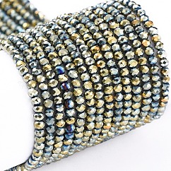 Abalorios de vidrio electroplate hebras, lleno chapado, facetados, rerondana plana, verde chapado, 2x1.5mm, agujero: 0.6 mm, aproximamente 208~220 pcs / cadena, 34~36 cm