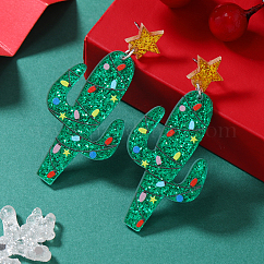 Boucles d'oreilles à tige en acrylique festives de Noël pour la célébration de la saison des fêtes, platine, cactus