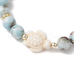 Pulseras elásticas de cuentas redondas de larimar natural y cuentas de tortuga turquesa sintética para mujeres y hombres.&nbsp;BJEW-JB13558