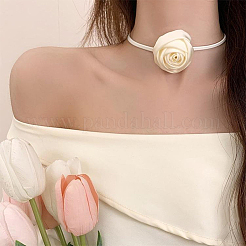 1pc stoff französisch rose blume anhänger pu leder halsband frauen halsketten&nbsp;NJEW-CL0001-06C
