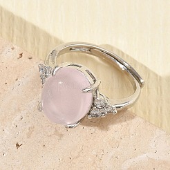Bagues ouvertes en laiton serties de micro-pavés de zirconiums cubiques et de quartz rose naturel&nbsp;RJEW-T035-01P-L