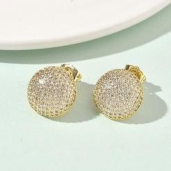 Плоские круглые серьги-гвоздики из латуни с микропаве и прозрачным фианитом&nbsp;EJEW-P336-04G