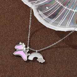 Collane con ciondolo unicorno arcobaleno in acciaio inossidabile 304 con smalto rosa perlato e conchiglia bianca naturale per donna&nbsp;NJEW-M101-02P