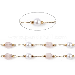 Pepita di quarzo rosa naturale e catena di perle di vetro imitazione perla&nbsp;CHS-C006-02D
