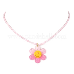 Collier pendentif fleur en acrylique avec chaînes de perles de verre&nbsp;NJEW-JN04593