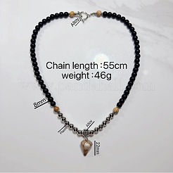 Europäische Herren-Halsketten mit Pyramidenanhänger aus 8 mm großen schwarzen Glasperlen in Jaspis-Optik und Legierungsverschlüssen.&nbsp;WW6368-2