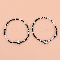 2 шт. набор из эластичных браслетов на лодыжку из полимерной глины «инь-ян» со стеклянными бусинами для женщин&nbsp;FS-WG3863F-08